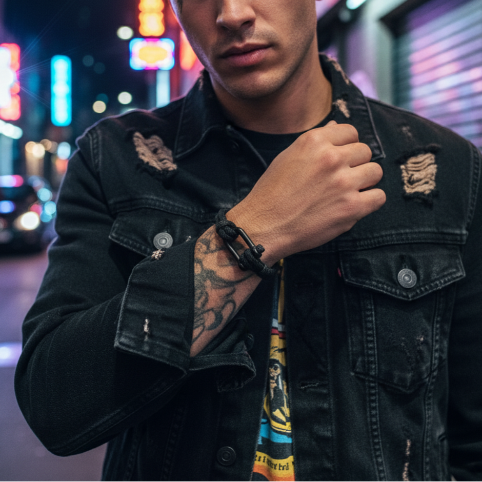 Man in a black denim jacket with Black braided bracelet