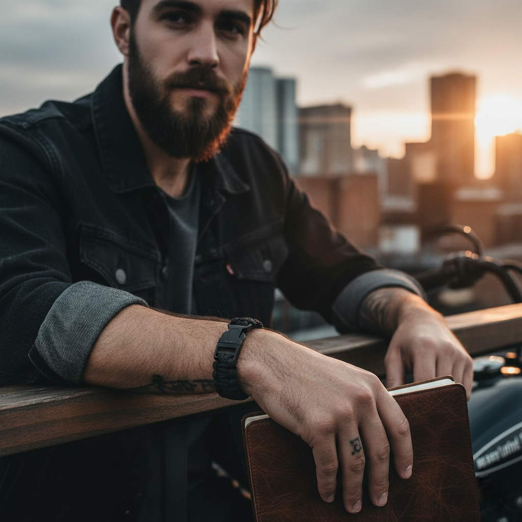 Man with a Black braided bracelet holding a book on a rooftop with cityscape in the background