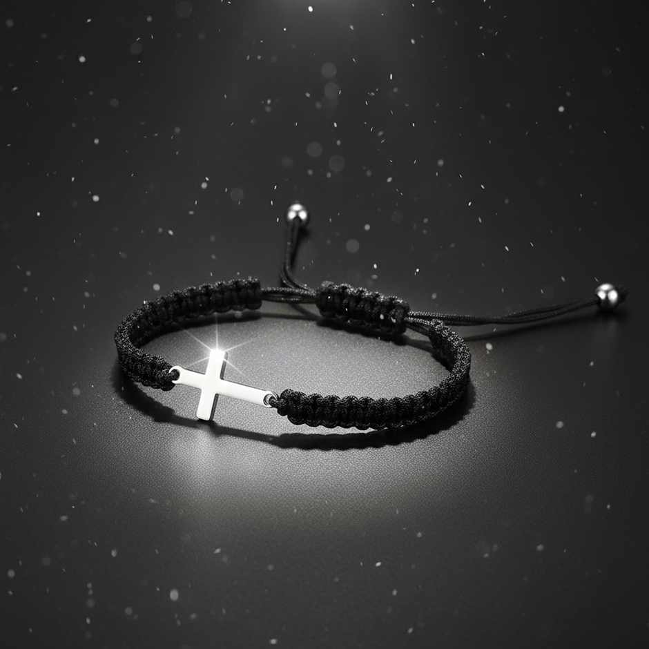 Black braided bracelet with a silver cross on a dark background