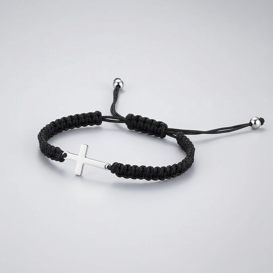 Black braided bracelet with a silver cross charm on a light gray background