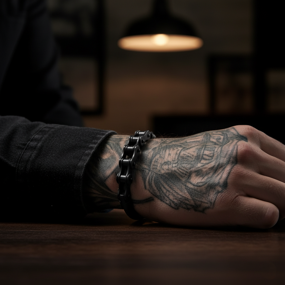 Hand with tattoo and Black braided bracelet on a wooden surface in a dimly lit room