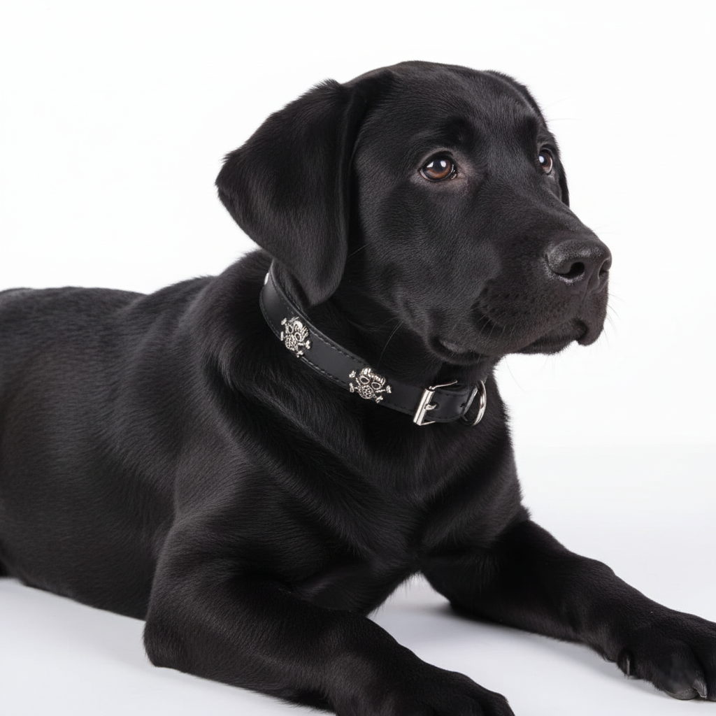 Black dog wearing a collar on a white background