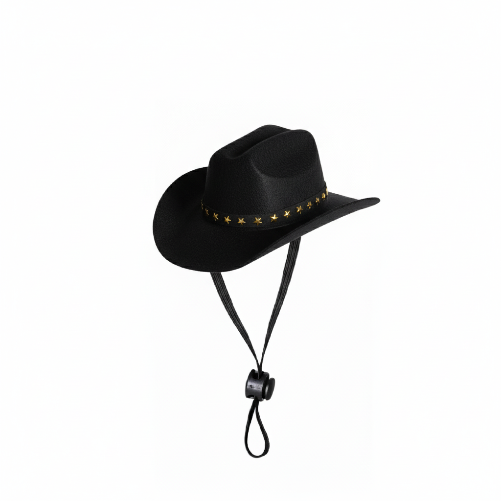 Black cowboy pet hat with gold studs on a white background