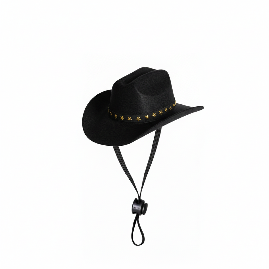 Black cowboy pet hat with gold studs on a white background