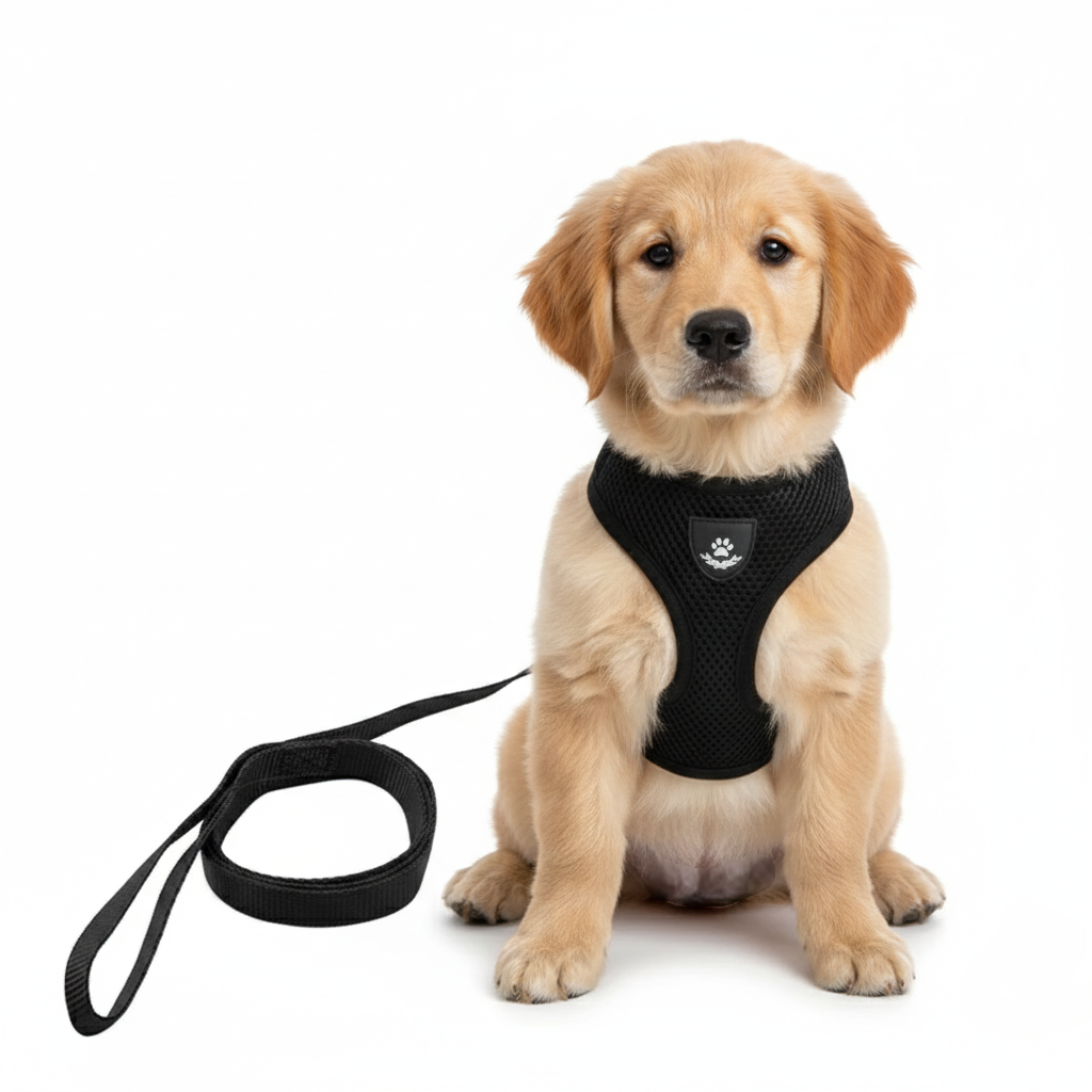 Dog wearing a black harness with a white background