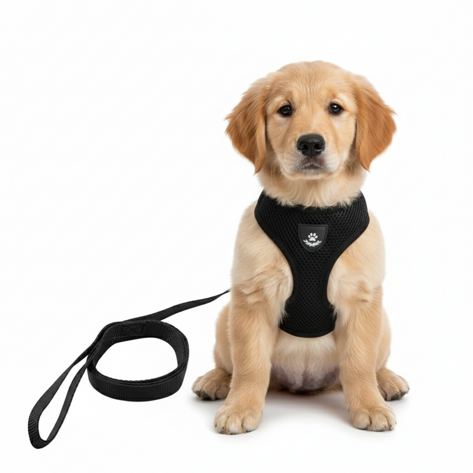 Dog wearing a black harness with a white background