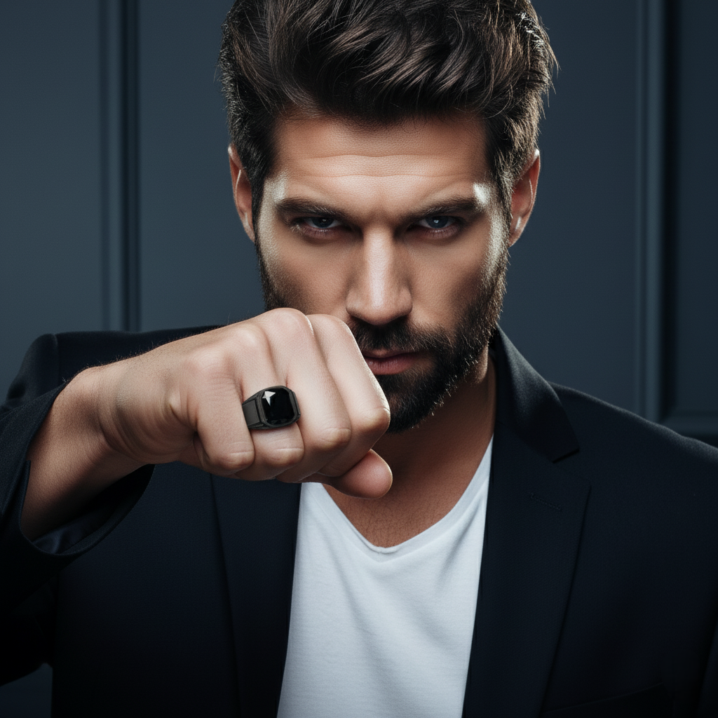 Man in a suit with a fist raised, wearing a black ring