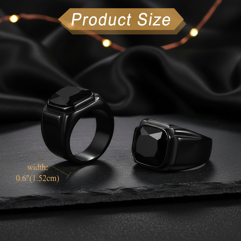Two black rings on a dark surface with product size information.