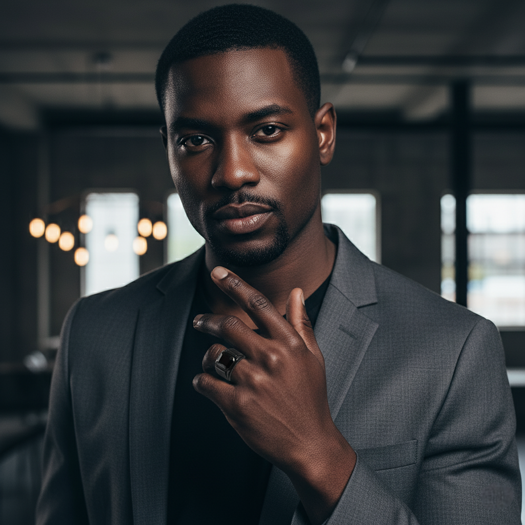 Man in a gray suit with  a black ring with a black gemstone background