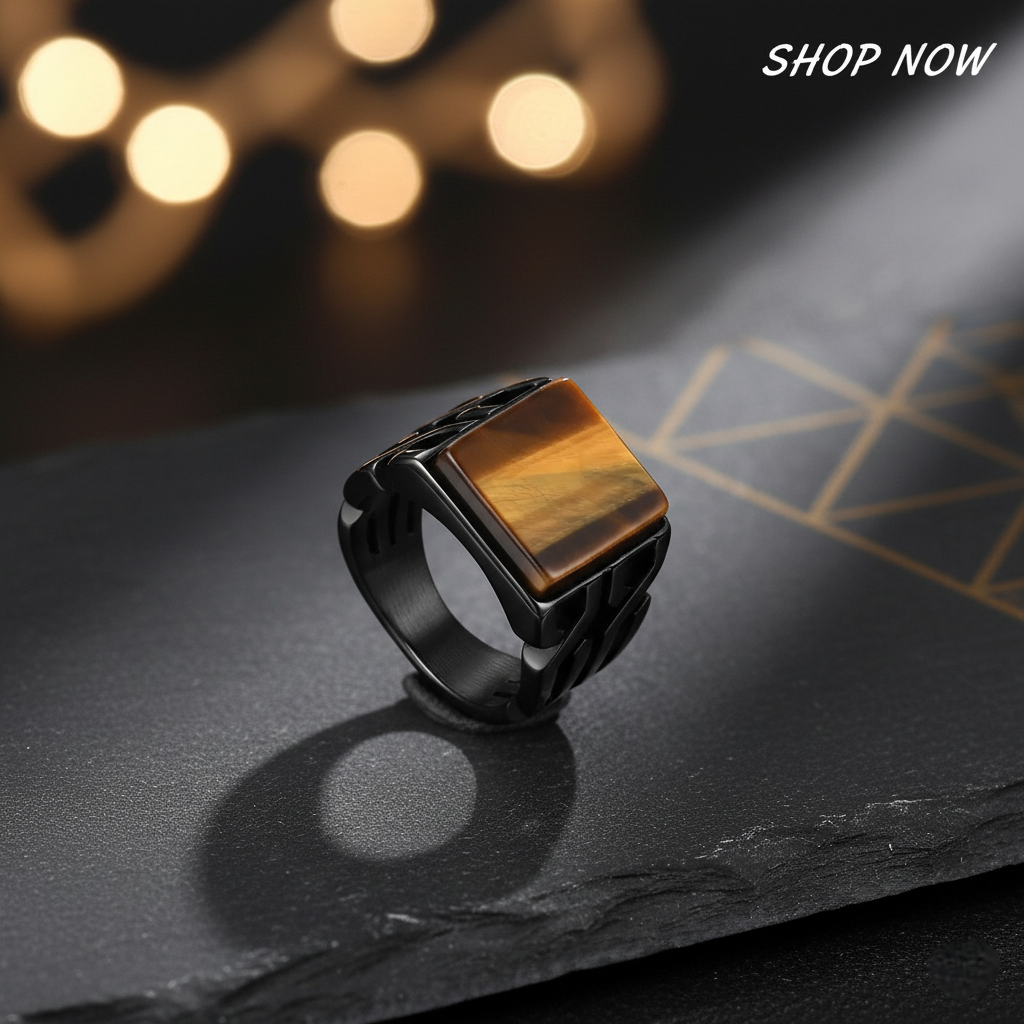 Black ring with a brown gemstone on a dark surface with blurred lights in the background