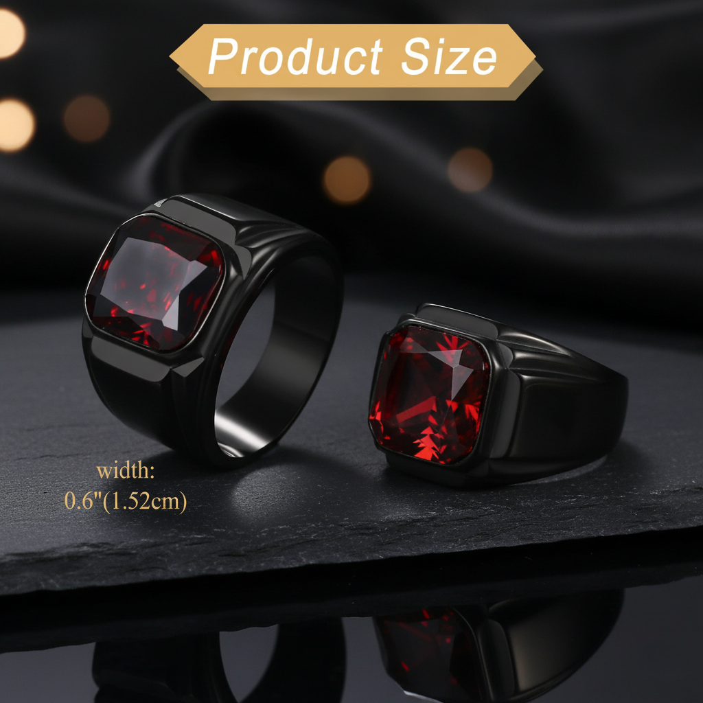 Black rings with red gemstones on a dark surface, product size indicated.