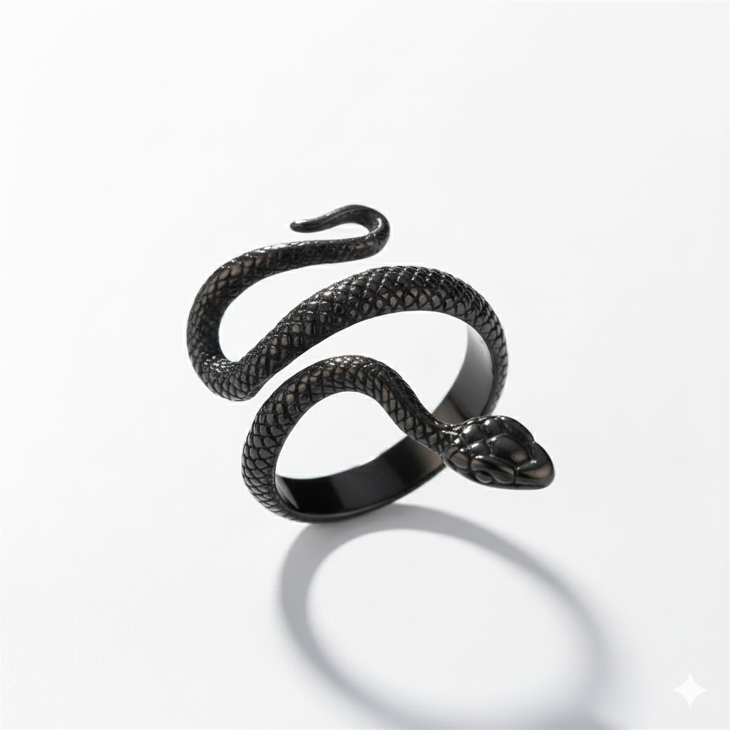 Black snake-shaped ring on a white background