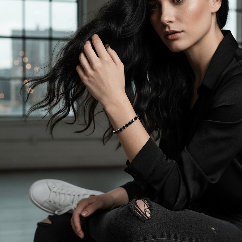 Woman with long dark hair sitting indoors, wearing a black shirt and white sneakers.