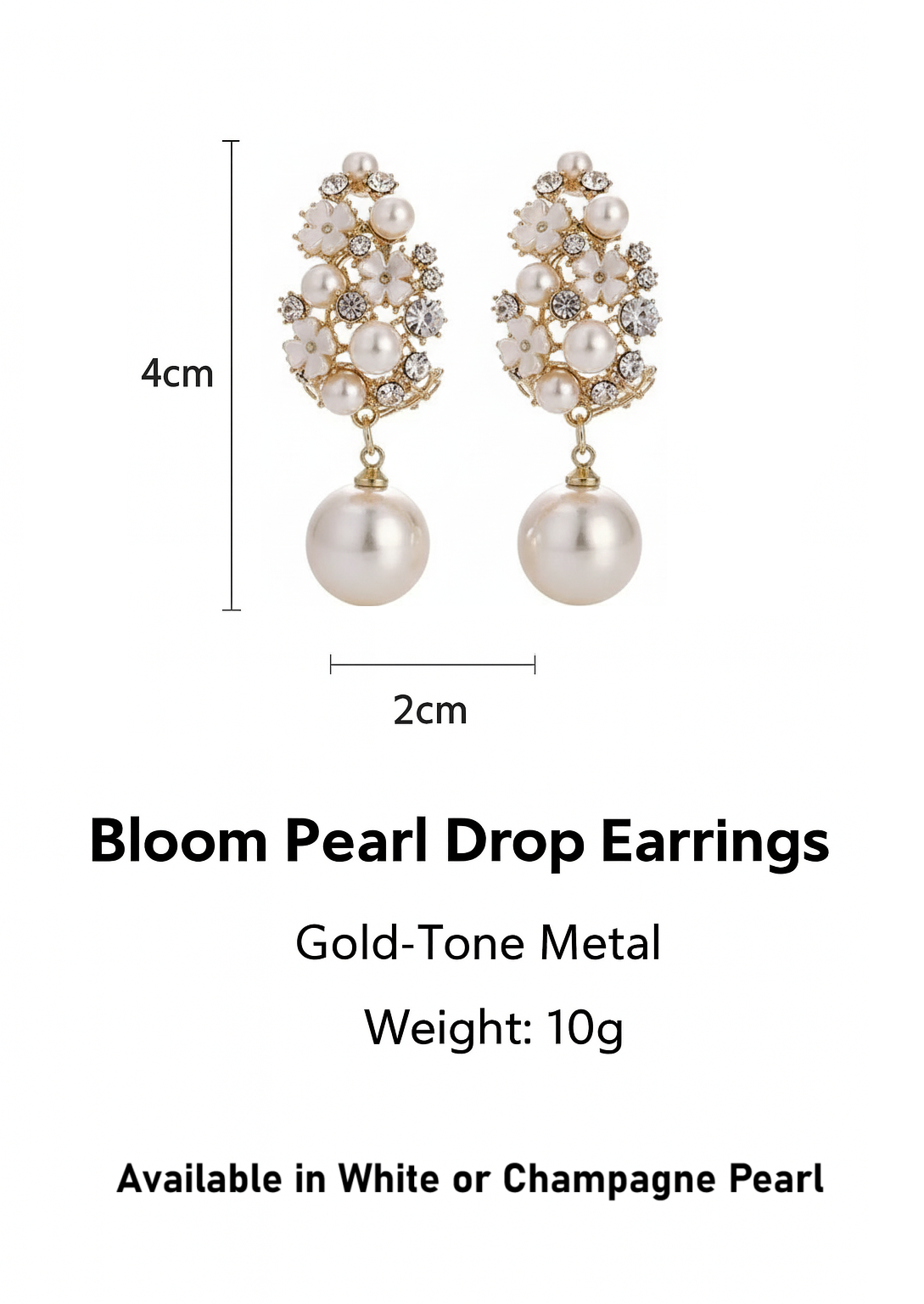 Bloom Pearl Drop Earrings with measurements and product details on a white background