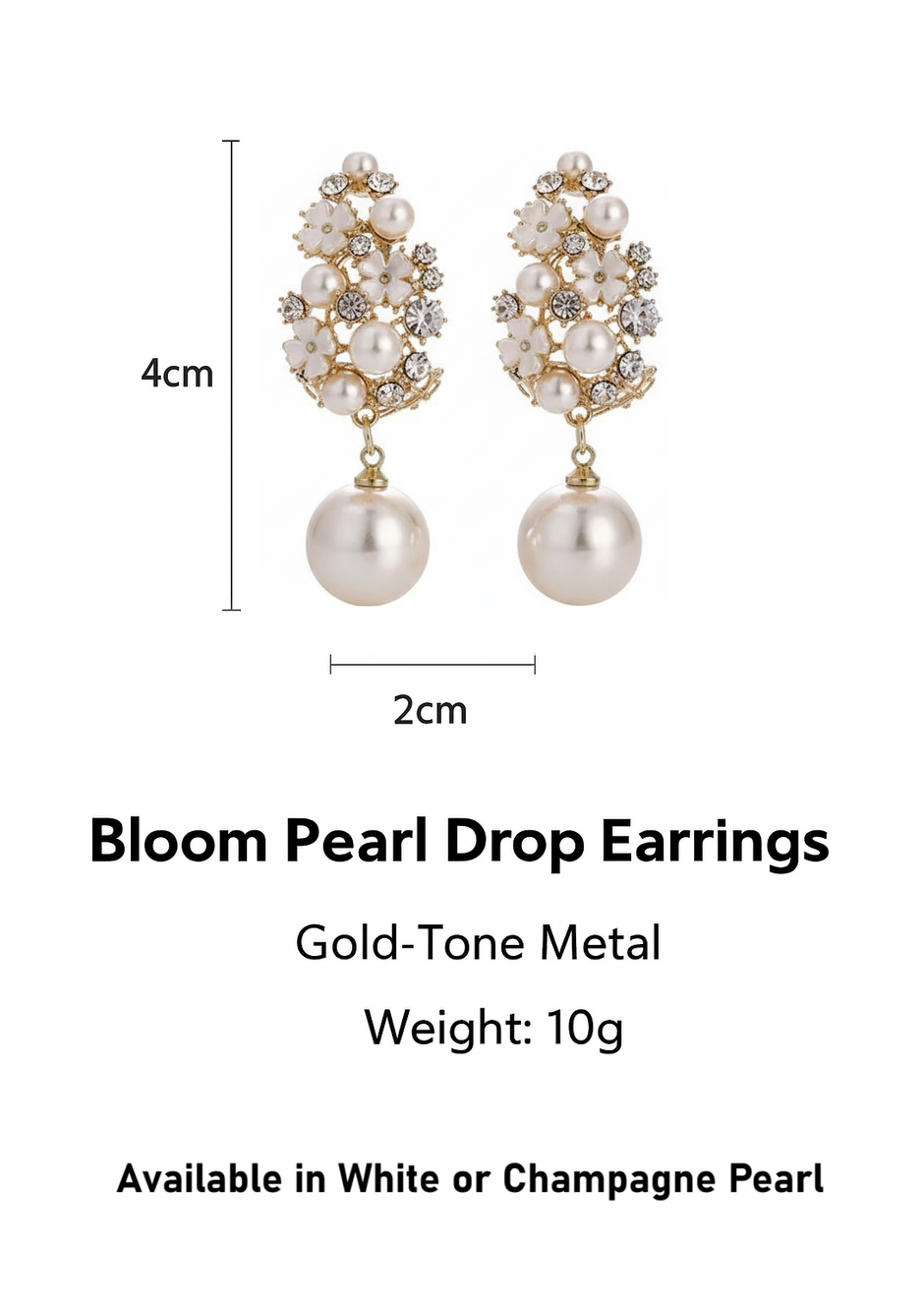 Bloom Pearl Drop Earrings with measurements and product details on a white background