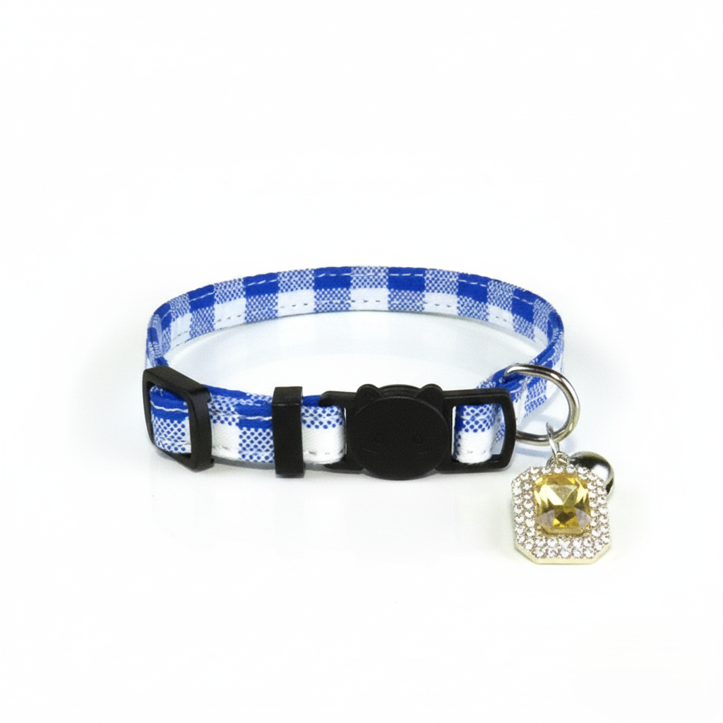 Blue and white checkered cat collar with a decorative tag on a white background