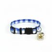 Blue and white checkered cat collar with a decorative tag on a white background