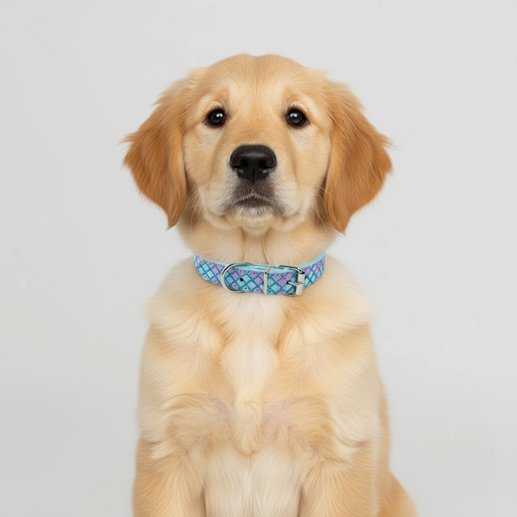Golden retriever puppy wearing a colorful collar on a light gray background