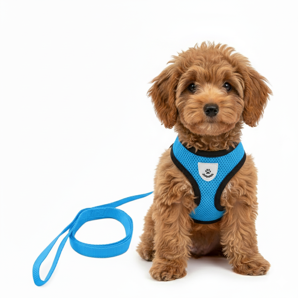 Puppy wearing a blue harness with a white background
