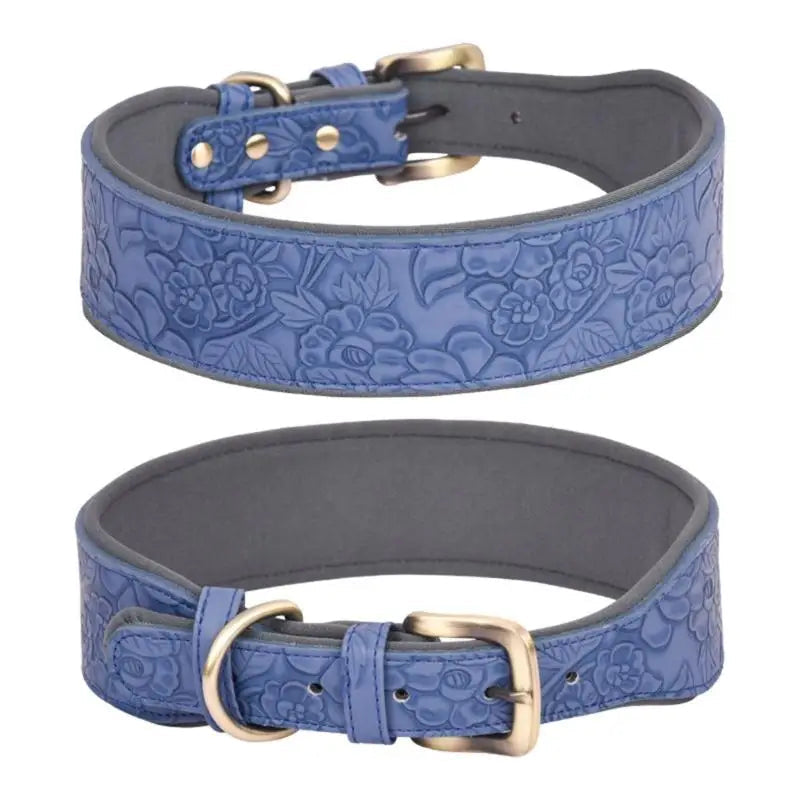 Blue floral-patterned dog collar with gold buckle on a white background