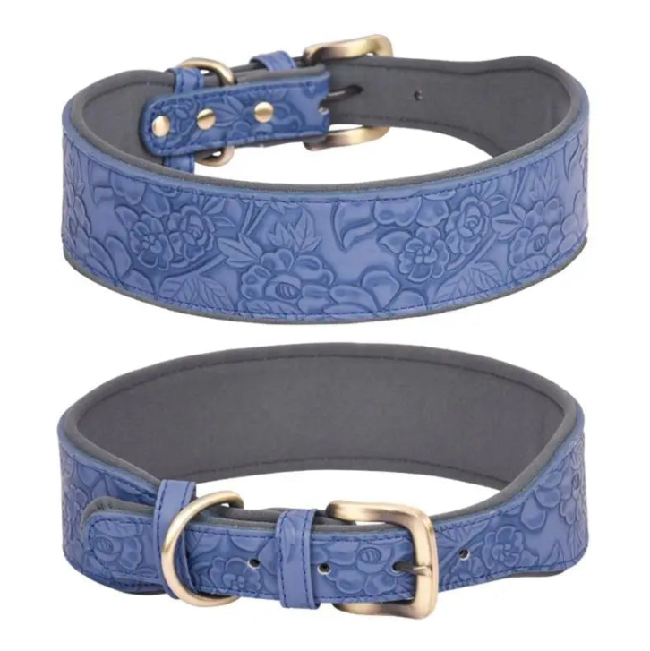 Blue floral-patterned dog collar with gold buckle on a white background