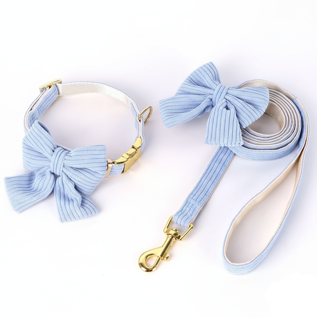 Dog collar and leash set with light blue bows on a white background