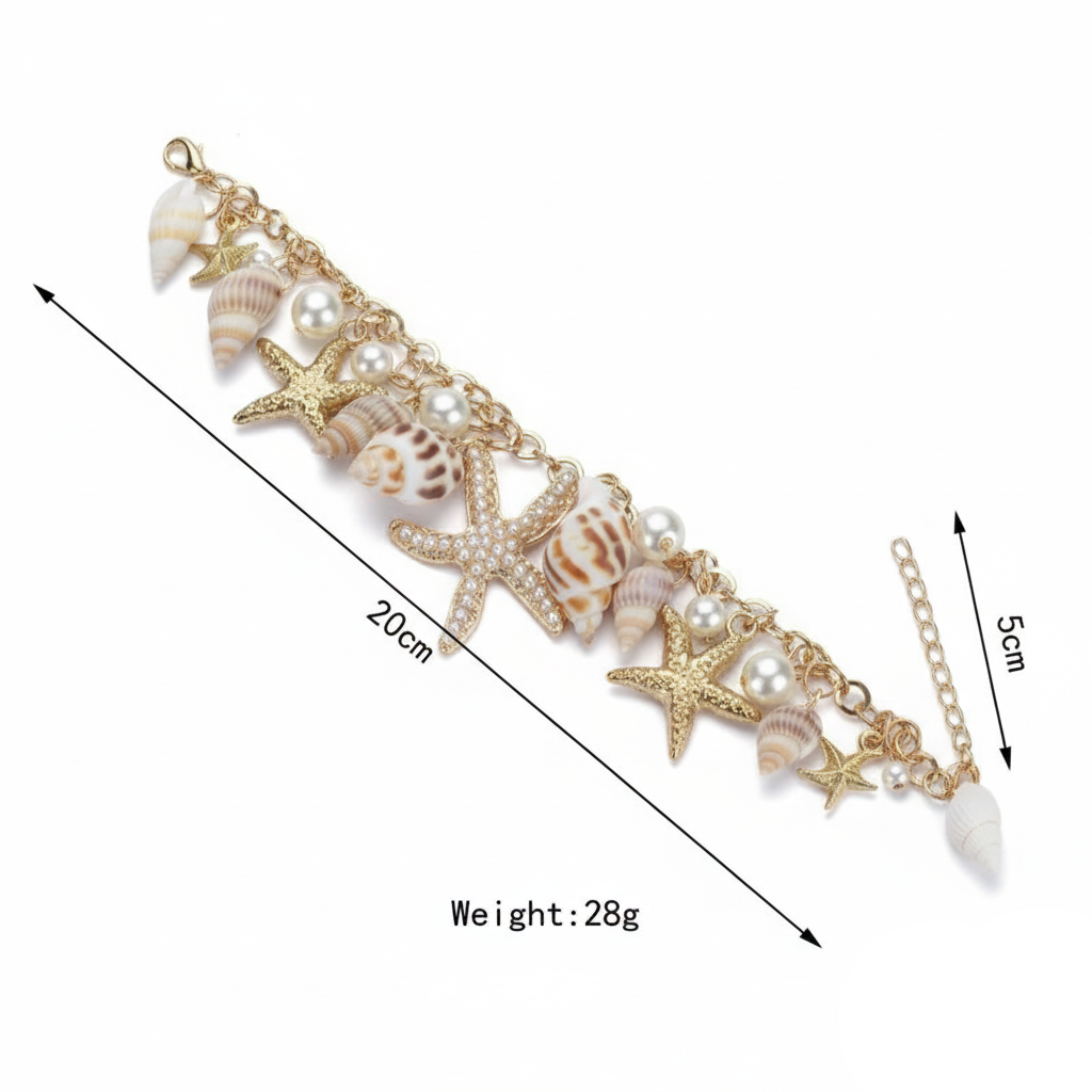 Bracelet with shells and pearls on a white background