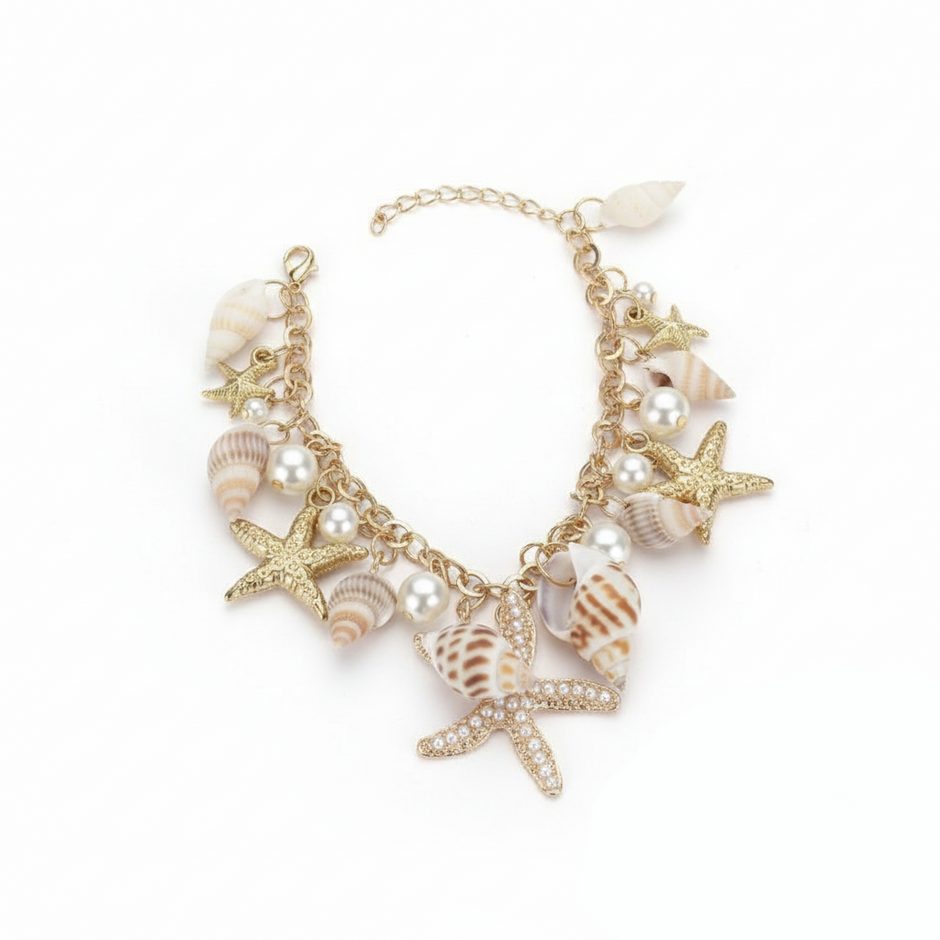 Bracelet with starfish and shell charms on a white background