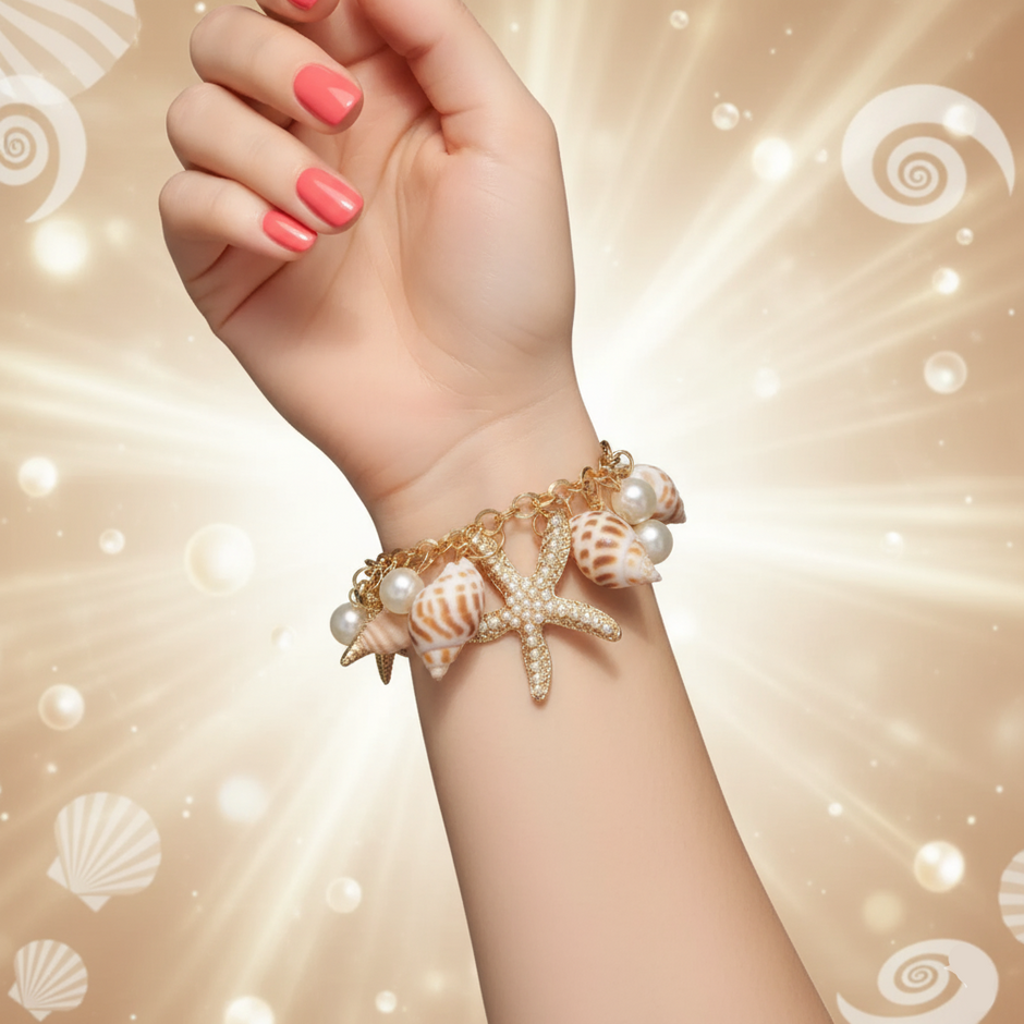Hand wearing a bracelet with starfish and shell charms on a beige background