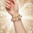 Hand wearing a bracelet with starfish and shell charms on a beige background