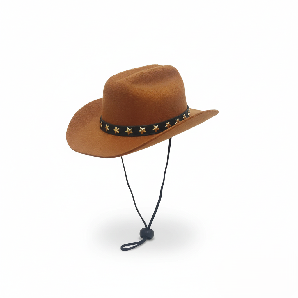 Brown cowboy pet hat with a black band featuring gold stars on a white background