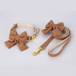 Brown dog collar and leash set with gold hardware on a magazine page.