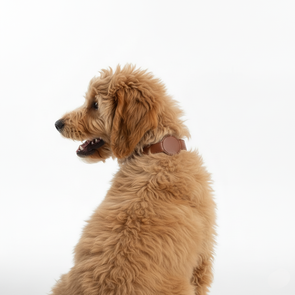 Brown dog wearing a brown leather collar on a white background