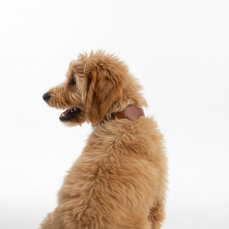 Brown dog wearing a brown leather collar on a white background