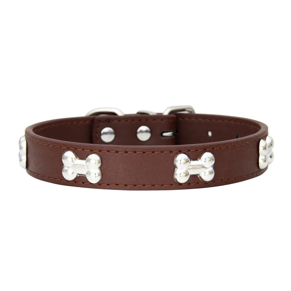 Brown leather dog collar with silver bone-shaped studs on a white background
