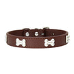 Brown leather dog collar with silver bone-shaped studs on a white background