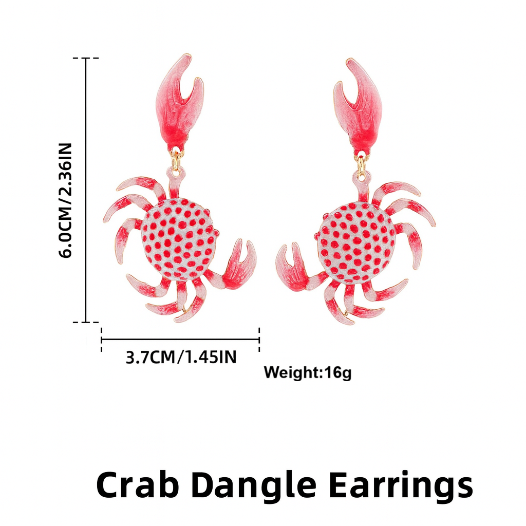 Crab dangle earrings with measurements on a white background