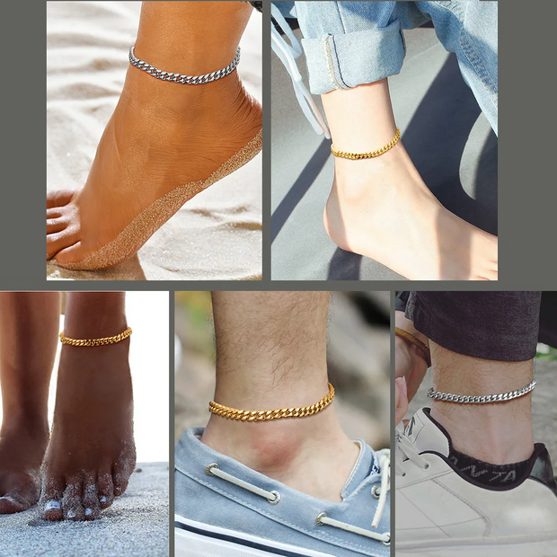 Collage of anklets on different ankles with various styles and colors.