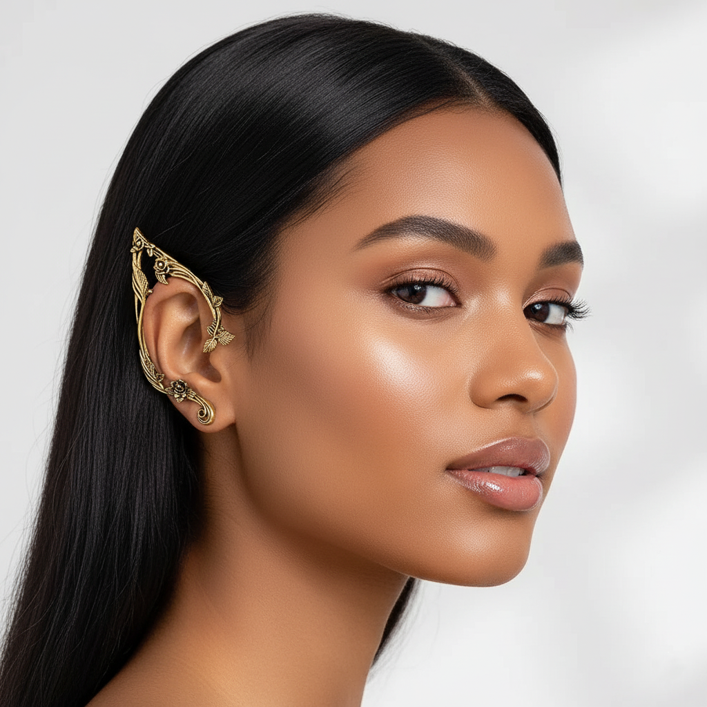 Woman wearing a gold ear cuff against a white background