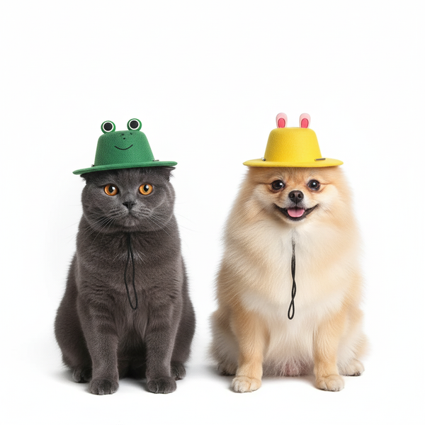 Cat and dog wearing hats on a white background
