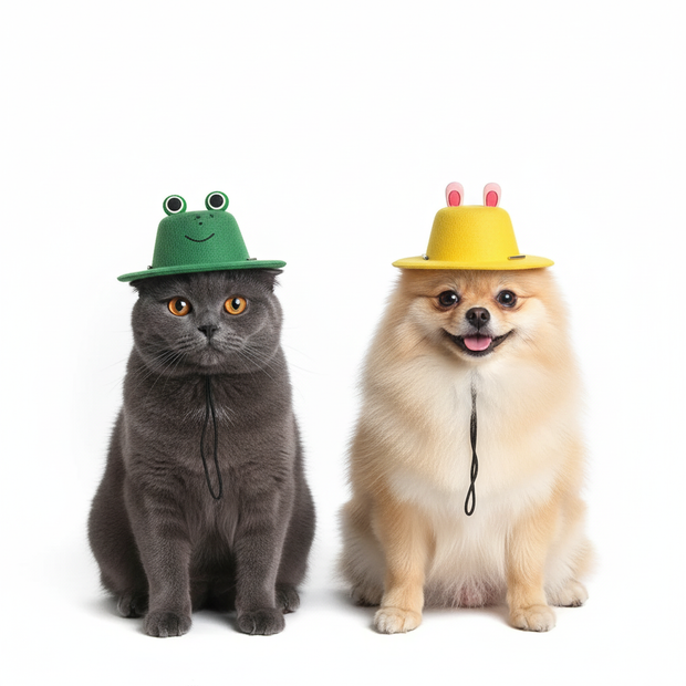 Cat and dog wearing hats on a white background