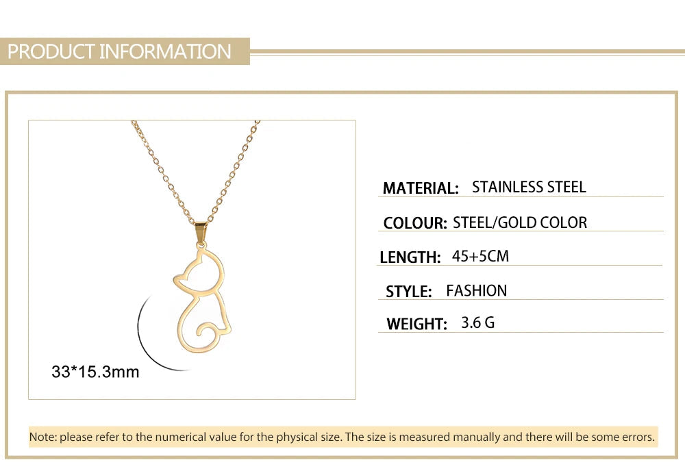 Cat necklace product information with gold pendant on a white background
