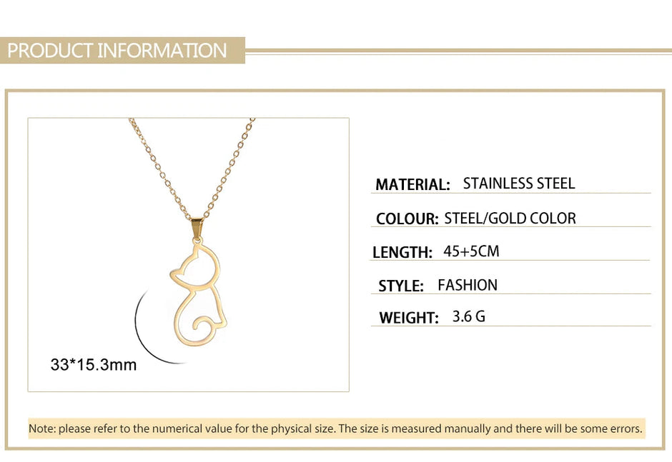 Cat necklace product information with gold pendant on a white background