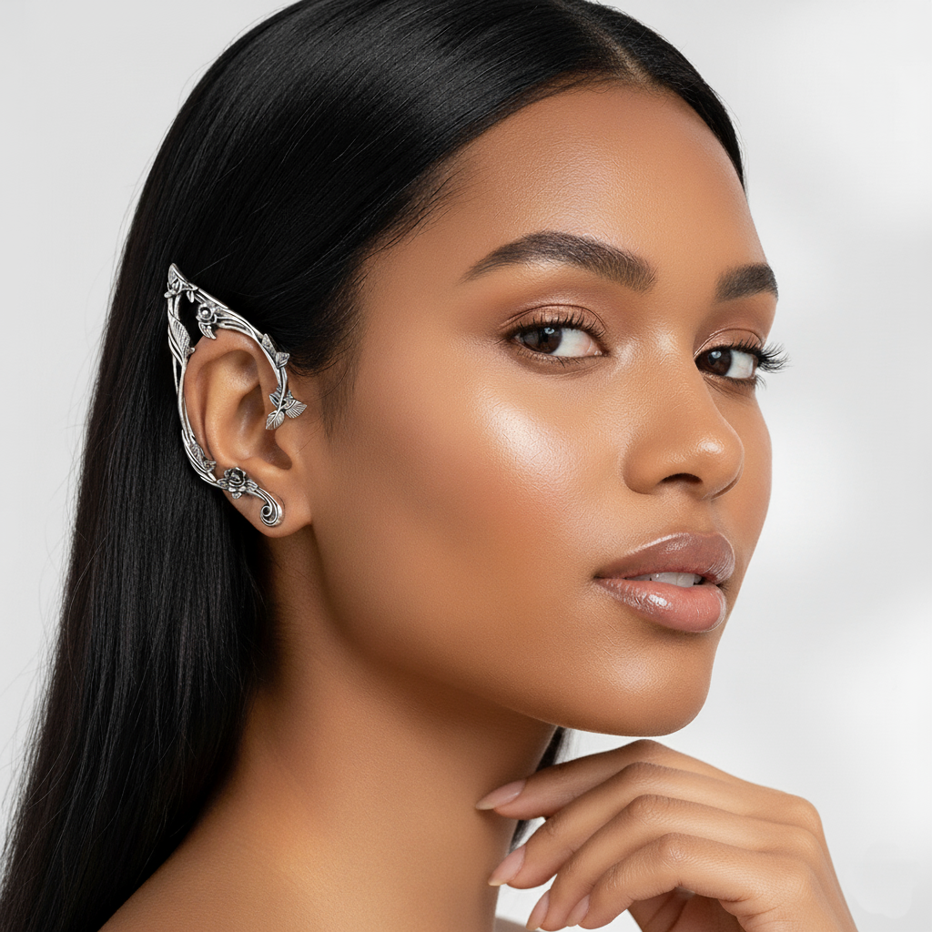 Woman wearing an ornate silver earring on a plain background
