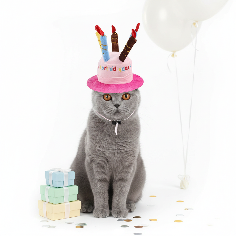 Cat wearing a birthday hat with candles and decorations, surrounded by balloons and gift boxes on a white background.