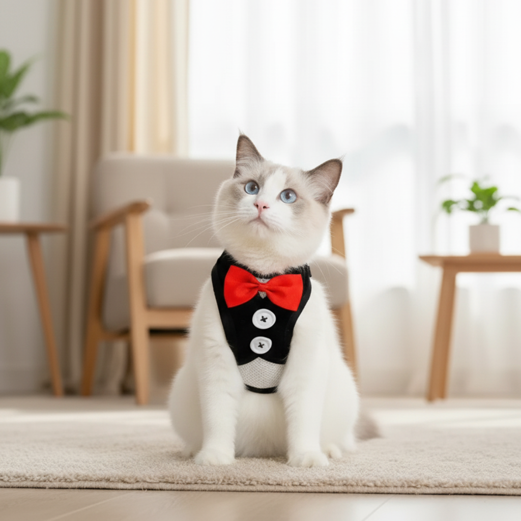 Cat wearing a black harness with a red bow tie in a home setting
