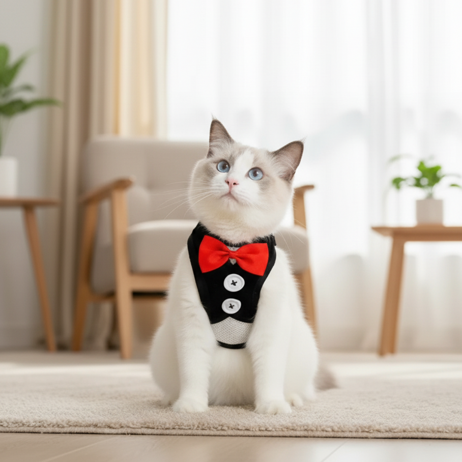 Cat wearing a black harness with a red bow tie in a home setting