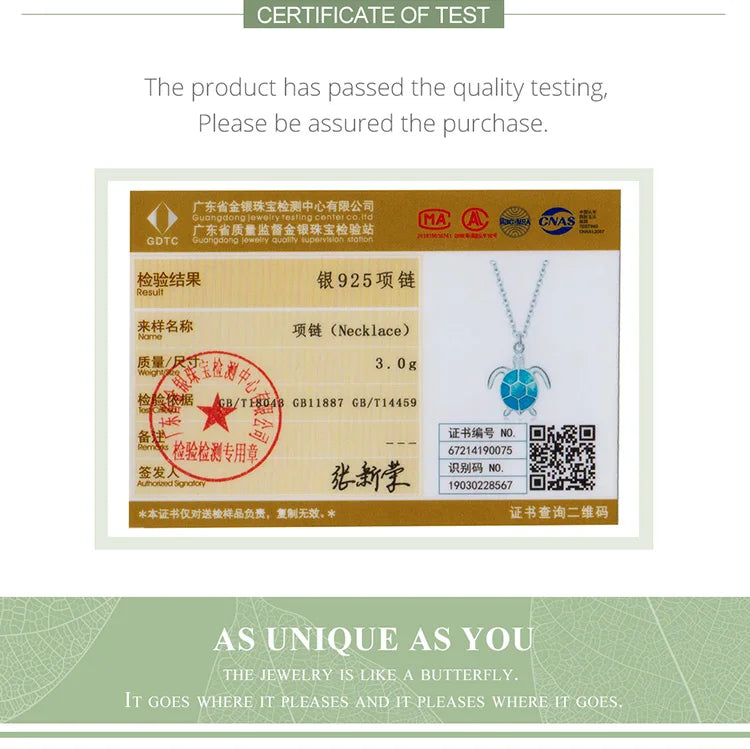 Certificate of test for a silver necklace with certification details and a QR code.