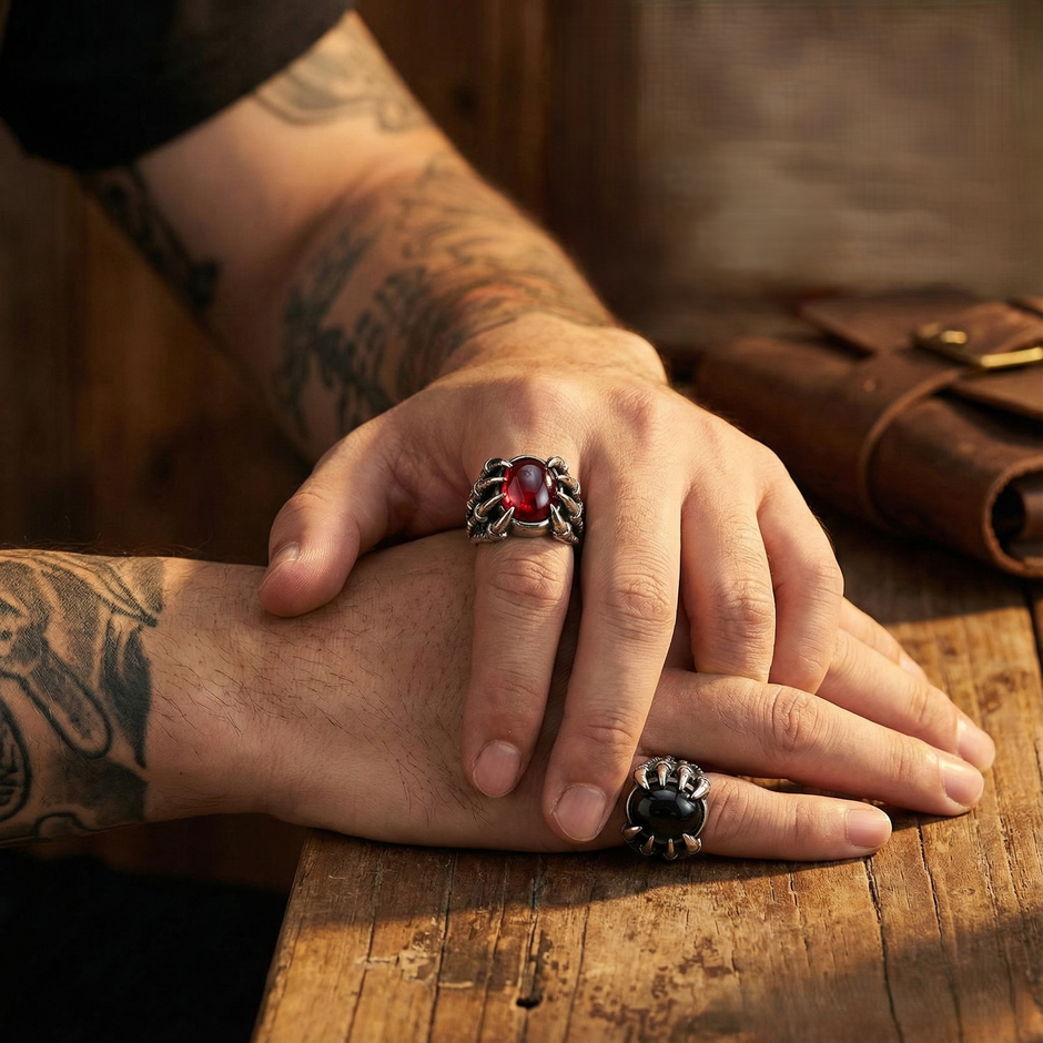 Men's Dragon Claw Ring with genuine red ruby stone - stainless steel gothic jewelry
Bold black onyx dragon claw ring for men - aggressive statement ring design
