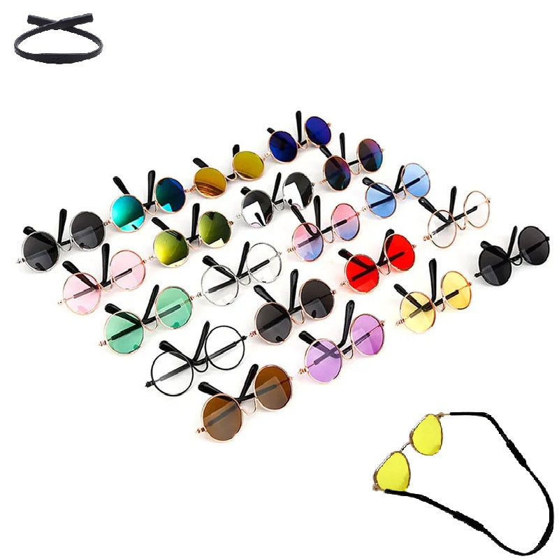 Colorful round sunglasses with black straps on a white background